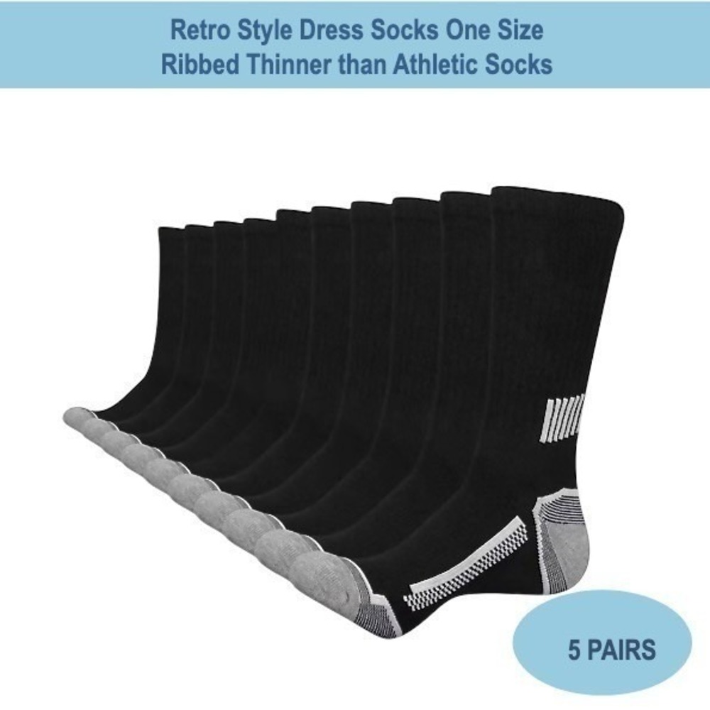 Breathable Durable Ribbed Mid Calf Socks 5 Pairs Black Moisture Wicking OS NEW